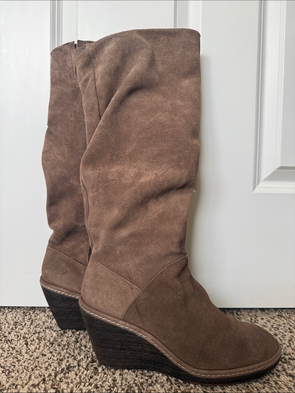 Sofft Boots Wedge Suede Leather Size 9.5 Knee High Tan Brown Zip Neutral Womens